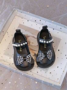 New Girls' Simple Pearl Bow Design Children's School Shoes, Fashionable Comfortable Flat Shoes, Versatile For Daily Wear - Black - View 1