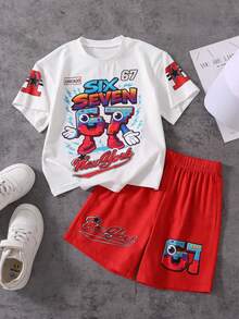 2pcs Toddler Boys' Spring/Summer Short Sleeve T-Shirt & Shorts Set, White Tee With Gradient Letter & Robot Digit Print, Red Shorts With Matching Elements, Dirt-Resistant & Skin-Friendly, Suitable For School, Casual Outings, Family Trips, Boys' Outfit - Red - View 4