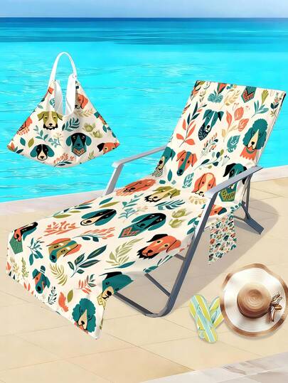 1pc Cartoon Dog Beach Chair Cover, Ultra-Soft Fiber Pool Lounge Chair Towel And Chair Cover, Sunbathing Lounge Chair Holiday Garden Sunbathing Mat With Side Pocket Storage Bag, Beach Towel Pool Lounge Chair Beach Chair