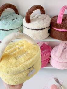 1个可爱撞色毛绒迷你化妆包，适合女孩，迷你手提包，便携式口红收纳包，化妆包桶，时尚文字刺绣多功能旅行收纳包，珠宝发饰收纳包，旅行必备，日常用品，家居装饰，生日礼物，新年礼物 - 彩色 - 查看 4