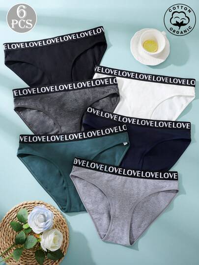 6pcs/Pack Plus Size Women's Letter Waistband Panties