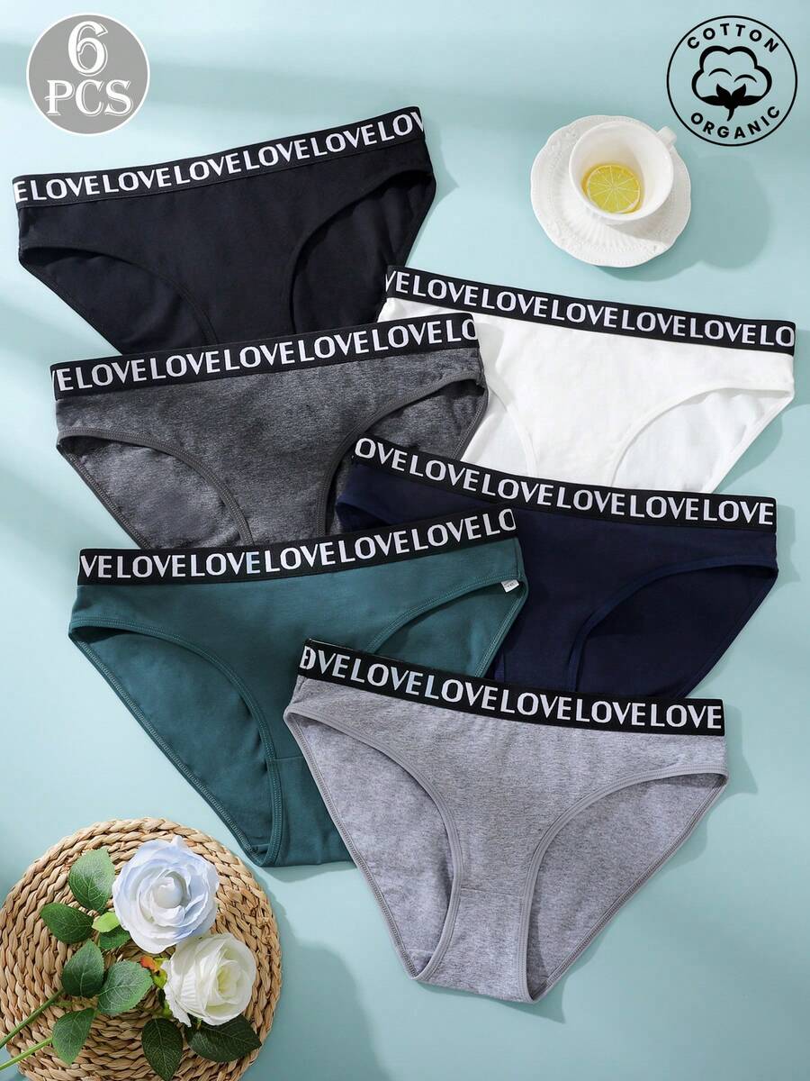 6pcs/Pack Plus Size Women's Letter Waistband Panties - Multicolor - View 1