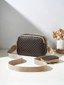 2pcs/Set Fashionable New Printed Multilayer Crossbody Bag & Shoulder Bag With Charm, Women Handbag Set - Khaki - View 5
