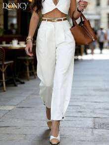 DONICY 女士纯色米白色阔腿裤，优雅褶裥面料，适合办公室和休闲场合穿着，春夏款 - 白色 - 查看 7