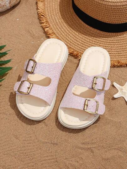 女童闪亮金属扣撞色运动拖鞋，圆头套脚软底儿童休闲奢华拖鞋，适合户外、室内、春夏穿着