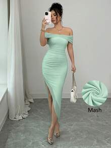 abyoxi Đầm midi nữ màu xanh lá cây nhạt, chất liệu lưới, hở vai, xếp ly, eo thắt, vạt bất đối xứng, thanh lịch, gợi cảm, thích hợp cho tiệc cưới, lễ hội, dạ hội, tiệc tối trang trọng, lễ tốt nghiệp, dạ hội, kỳ nghỉ, đầm ôm sát mùa xuân hè. - Màu xanh nhạt - Xem 1