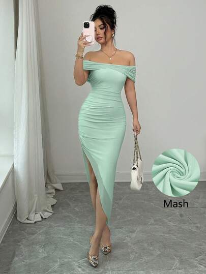 abyoxi 女士鼠尾草绿网纱露肩褶皱收腰不对称下摆中长连衣裙，优雅性感休闲风，适合婚礼宾客、派对、晚宴、节日、正式晚宴、毕业季、舞会季、度假季等场合，春夏修身半身连衣裙