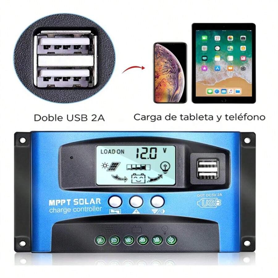 100A MPPT Solar Charge Controller With LCD Display And Dual 12V And 24V USB Ports - Blue - View 1