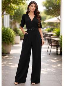 3/4 Length Pantaloon Jumpsuit With Belt For Birthday Party - 黑色 - 查看 1