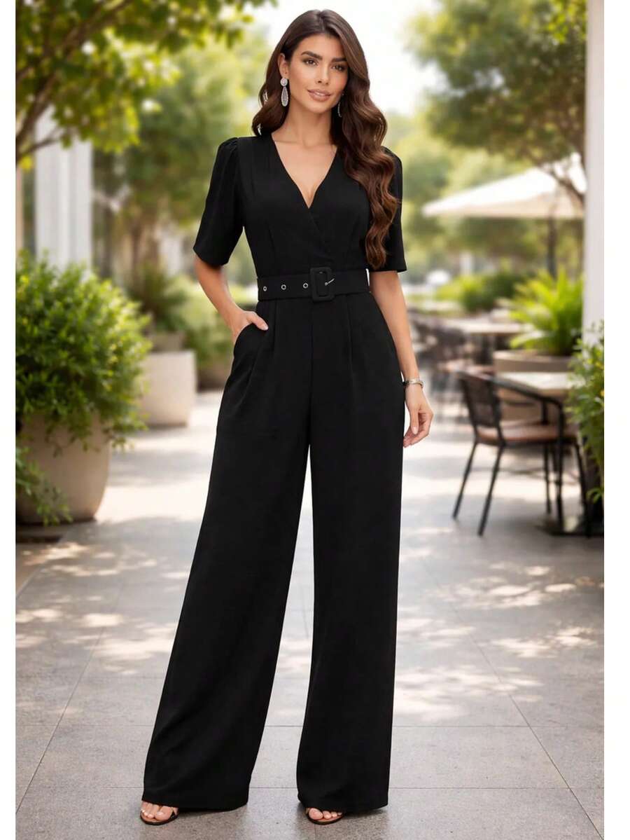 3/4 Length Pantaloon Jumpsuit With Belt For Birthday Party - 黑色 - 查看 1