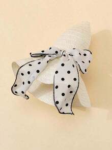 1 Summer Women's White Wavy Polka Dot Bow Beach Sun Hat, Elegant And Sun-Protective, Suitable For Beach Trips And Vacations. - 卡其色 2 - 查看 4