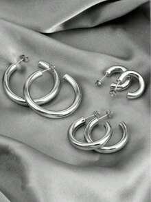 3 Sets Of 14K Stainless Steel Minimalist Ring Earrings, Women's Style - Silver - View 3