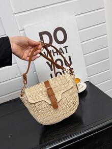 Túi đeo chéo mini kiểu yên ngựa, chất liệu đan bằng rơm tự nhiên, khóa cài bằng da PU, nắp gập có khóa kéo, phong cách nghỉ dưỡng Pháp, túi đeo chéo nữ đan, thích hợp cho dã ngoại và đi làm mùa xuân/hè, phong cách retro giản dị, dây đeo chéo có thể điều chỉnh, phù hợp cho đi làm và mua sắm hàng ngày. - Màu be - Xem 11