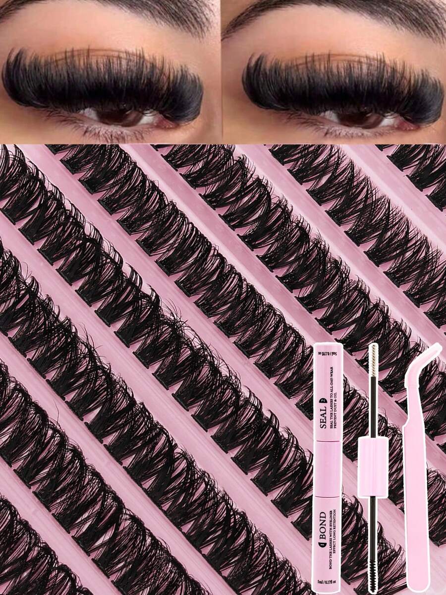 200pcs DIY False Eyelash Kit, Includes Makeup Tools, Adhesive And Sealing Tools, Eyelash Curler, Eyelash Brush, D-Shaped Curling Segmented False Eyelashes, 60D Natural Eyelash Clusters, Suitable For Everyday Use - Reusable, Eyelash Clusters, Individual Eyelashes, Eyelashes, False Eyelashes - 黑色 - 查看 1