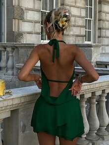 2026 Spring/Summer New Fashion Chiffon Draped Neck Low-Cut Multi-Layer Ruffle Tie-Front Backless Mini Dress, Suitable For Beach, Elegant, Sexy, Vacation, Beach, Hawaii, Date, Party, Music Festival, Graduation Ceremony, Prom - Green - View 5