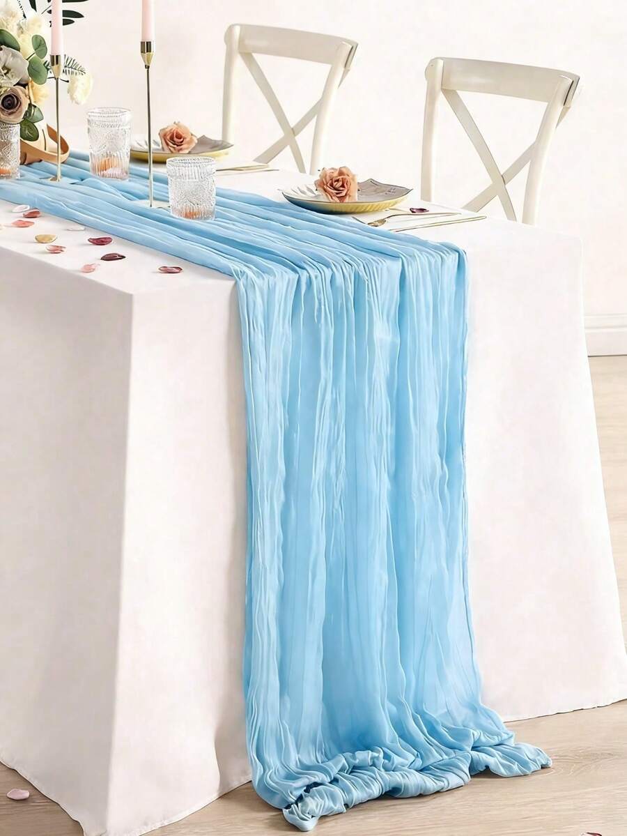 1/2/5pcs Light Blue Gauze Table Runner, Bohemian Style Tablecloth, 90*180cm Long Gauze Tablecloth, Suitable For Baby Shower Party, Birthday Party Decoration, Baby Party Decoration, Tabletop Decor, Baby Shower Decoration, Dining Table Decor, Wedding Decoration, Bridal Shower Supplies, Home Decor, Chair Decor, Vanity Decor, Spring Party Supplies