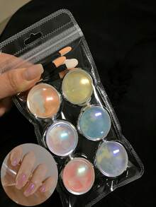 6 Colors Aurora Powder + 6 Brushes - Fairy Magic Mirror Powder, Aurora Shimmering Rainbow Mermaid Princess Nail Powder, Makeup - 彩色 - 查看 2
