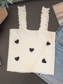 Cute & Sexy Girl Ribbed Knit Camisole, Sleeveless Design With Heart Embroidery, Suitable For Spring/Summer Layering Or Outerwear - Milky White - View 8