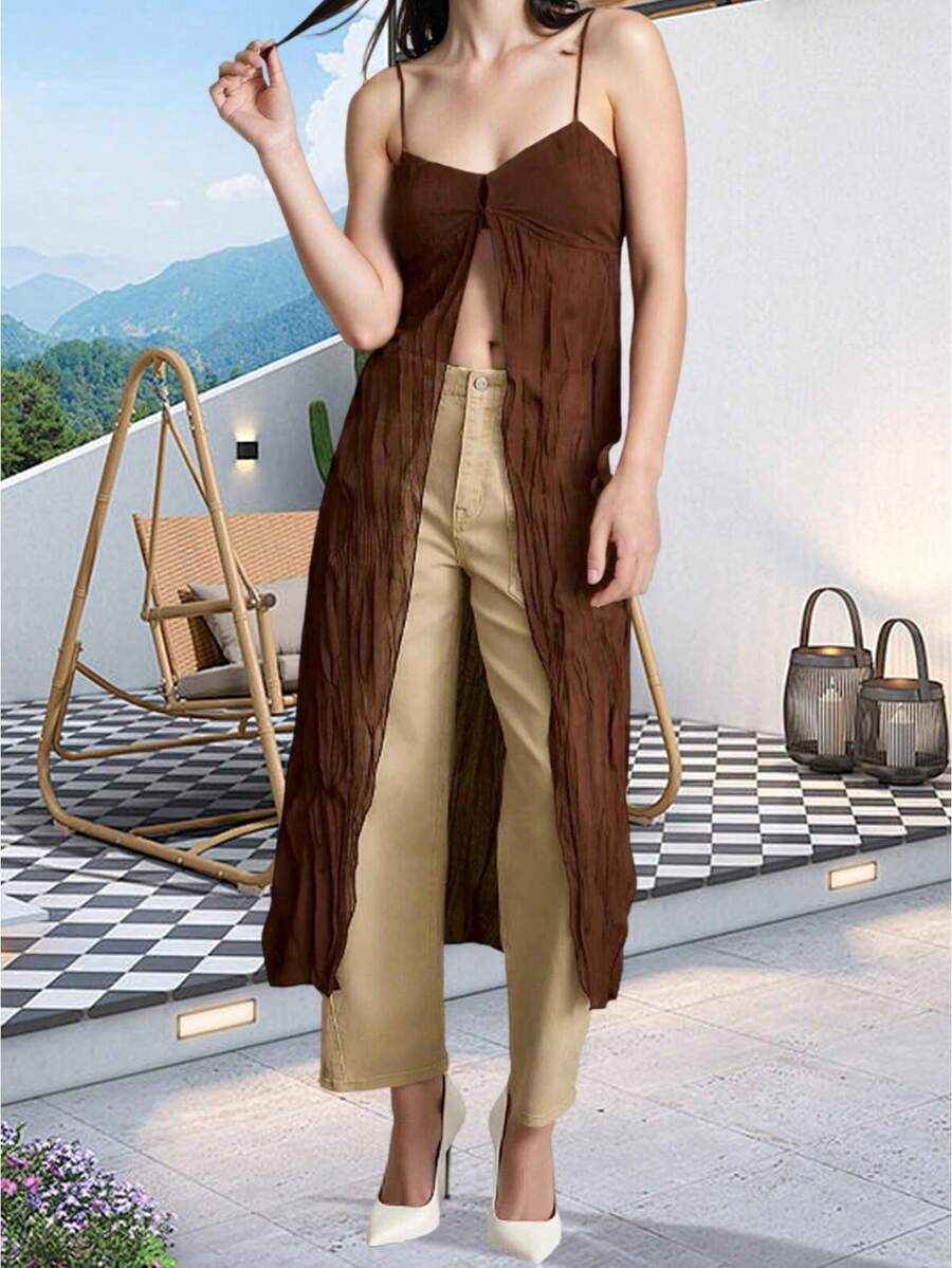 Womens 2026 Split Front Long Camisole Solid Color V Neck Spaghetti Strap Backless Shirts  Streetwear - Reddish Brown - View 1