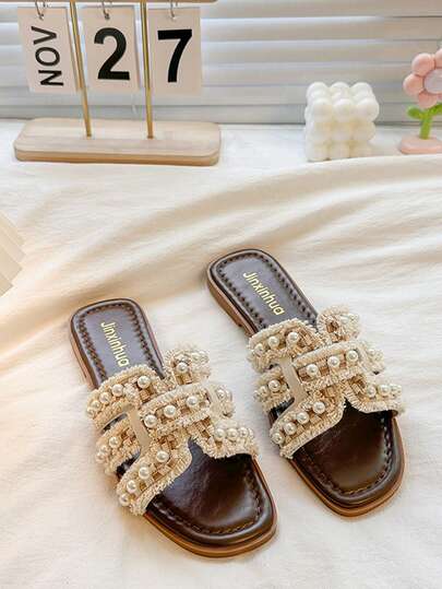 2026 New Pearl Embellished Flat Slide Sandals, Elegant One-Strap Beach Slippers For Women