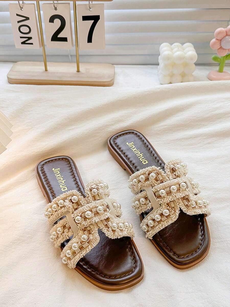 Sandalias planas con adorno de perlas, elegantes sandalias de una tira para mujer para la playa, modelo 2026 - blanquecino - Ver 1