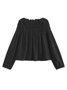 Blusa de gasa elegante y única de estilo coreano con mangas abullonadas, cuello redondo, diseño de volantes, color negro para otoño y primavera - Negro - Ver 2