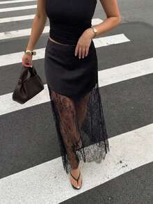HoloChill Women's Elegant Vintage Black Flare Skirt, Decorated With Exquisite Contrast Lace Details, Mid-Length, Non-Stretch Hem, Woven Fabric, Summer Casual 2026 New Arrival, Women's Summer Outfit, Women's Holiday Clothing, Party Outfit, Women's Beach Vacation Outfit, Outing Outfit, Women's Elegant Skirt, Women's Beach Vacation Outfit, Women's Casual Outfit - Black - View 8