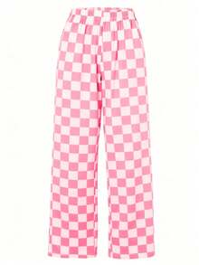 Pantalones casuales con estampado de tablero de ajedrez minimalista de moda para mujer en primavera/otoño, pantalones anchos y sueltos personalizados y versátiles, adecuados para el trabajo, el transporte, la oficina, los viajes, las fiestas, la escuela y el uso diario en el hogar - Rosa blanco - Ver 3