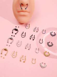5件套混搭款式假鼻环套装，不锈钢假鼻环鼻中隔耳环，时尚螺旋免穿孔设计 - 5pcs - 查看 1