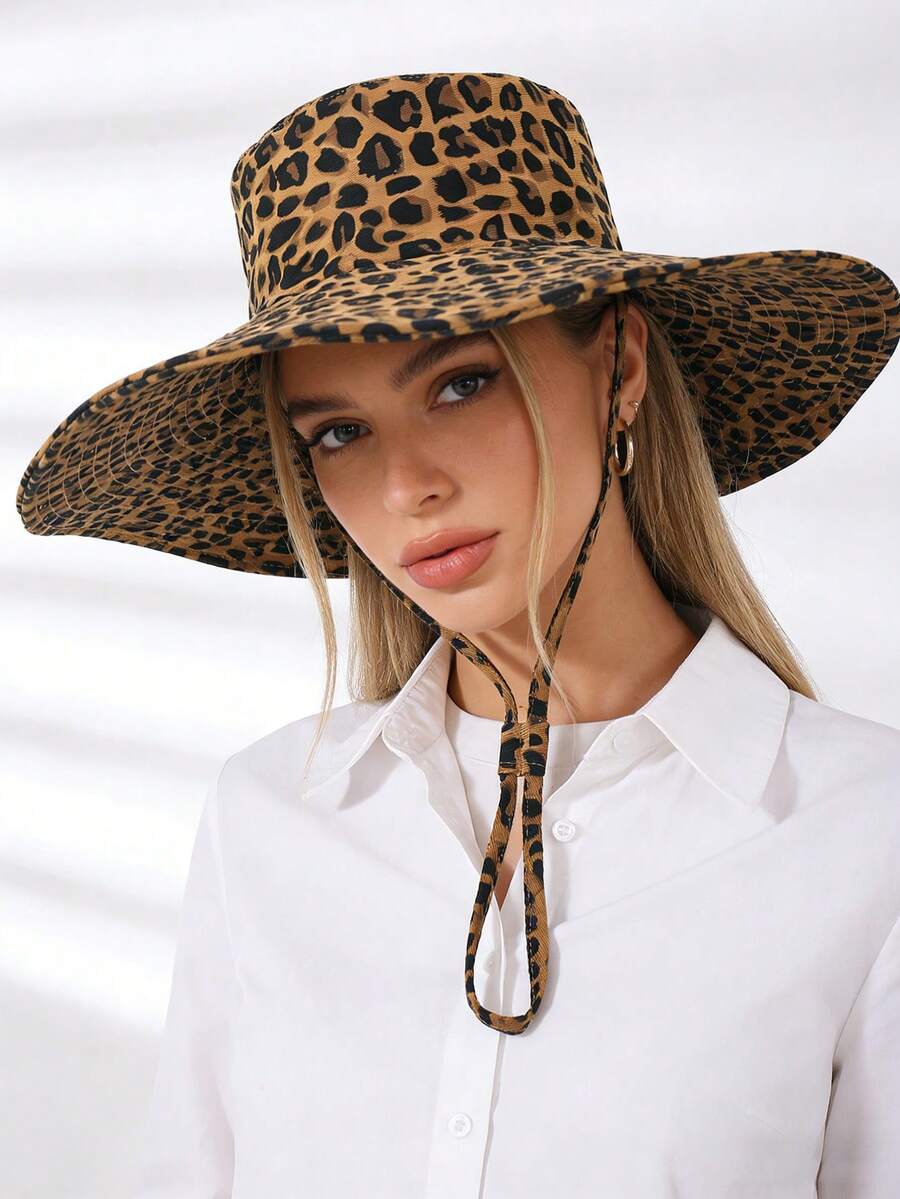 1 chiếc mũ tai bèo rộng vành in họa tiết da báo dành cho nữ, có dây buộc chắn gió, thích hợp cho mùa hè và đi biển. - mũ ngư dân vành rộng - Xem 1