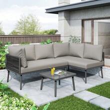 Garden Lounge Set Made Of Iron, Garden Furniture Set Made Of Green Rope, L-Shaped Garden Furniture Set, Lounge Set Made Of Green Rope With Seat Cushions, Adjustable Feet, 2 Sofas And 1 Table - Grey - View 5