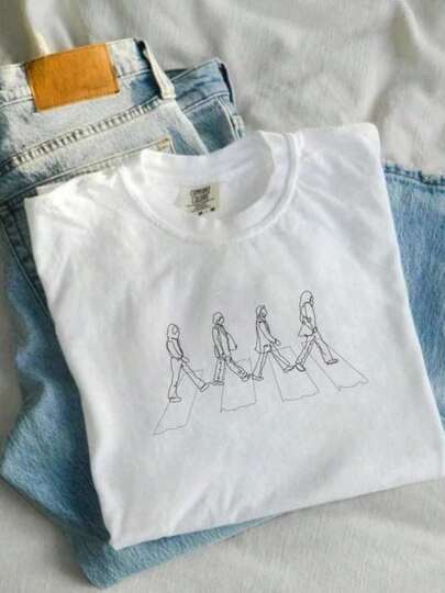 Beatles-Inspired Abbey Road Embroidered Shirt C-Omfort Colors..Women's Solid-Colored Boat Neck Short-Sleeve One-Piece Shirt, Suitable For Summer Wear, Paired With Printed Shirts, Ladies' Tops, And Printed Short-Sleeve Shirts. Women's Clothing