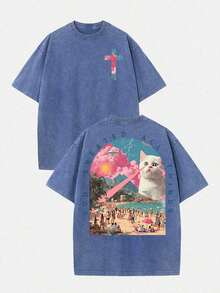 Nuevas  de moda (Camiseta de 230g) Camiseta de algodón lavado holgada para hombre con estampado de tortuga "Cuando atraviesas aguas profundas", cómoda camiseta de fe cristiana con versículo bíblico, ropa urbana retro transpirable - Opción de regalo - Negro 4 - Ver 21
