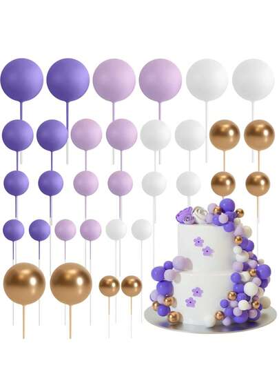 28/56pcs Purple Foam Ball Cake Decorations, Available In 4 Sizes And Multiple Colors, Suitable For Birthday, Wedding, Bachelorette Party, Christening, Gender Reveal Party, Retirement Party, Theme Party, Baby Shower And Other Cake Decorations. (Handmade, May Have Minor Flaws, Please Do Not Purchase If You Are Particular About It.)