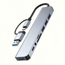 Estación de acoplamiento multifunción 8 en 1 USB, Hub USB para computadora, Hub USB-C, Lector de tarjetas TF/SD, Salida de audio de 3.5 mm, Compatible con MacBook Pro/ Pro/Aleación de aluminio con 4 puertos USB para transferencia de datos - Plateado - Ver 14