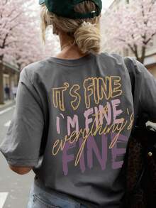 新款夏季女式简约“FINE”字母印花圆领深灰色短袖T恤，时尚百搭，适合春季女性日常休闲穿着。 - 深灰色 - 查看 1