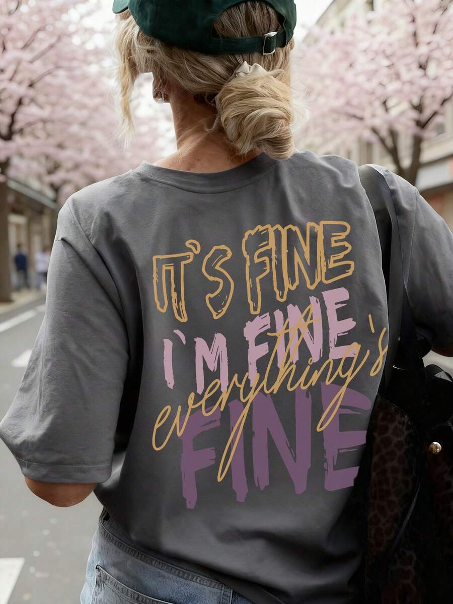 新款夏季女式简约“FINE”字母印花圆领深灰色短袖T恤，时尚百搭，适合春季女性日常休闲穿着。 - 深灰色 - 查看 1