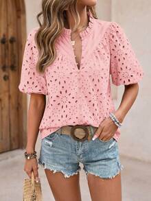 PRETTYGARDEN Women's Summer Clothes Tops Fashion Casual Short Sleeve V Neck Buttons Hollow Eyelet Lace Embroidered Blouses Shirts Festival  Beach Vacation - 粉色 - 查看 6