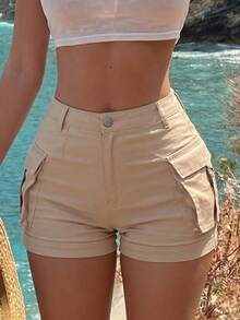 Y2K Style Elastic Waist Back Flap Pocket Decor Casual Comfortable Summer Shorts - Khaki - View 2