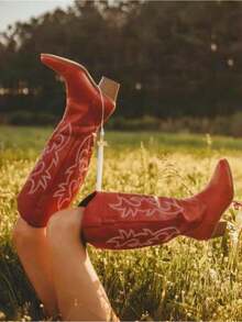 Women's Western Boots Spring Chunky Heel Boots Classic Embroidery Pointed Toe Boots Pull On Western Style Cowgirl Boots Cowboy Boots Outdoor Shoes For Women's Knee High Boots - 紅色 - 查看 8
