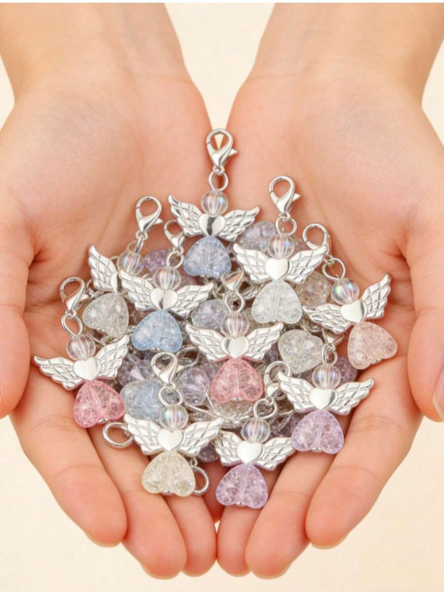 10个哥特式可爱心形翅膀吊坠，随机颜色几何优雅天使翅膀项链，适合圣诞节、万圣节、情人节、感恩节，可作为西方天使皇冠项链配饰，守护天使，珍贵的爱之翅膀礼物，男女皆宜，DIY装饰，手链配饰，珠子，迷你装饰品 - 常規款 - 查看 1