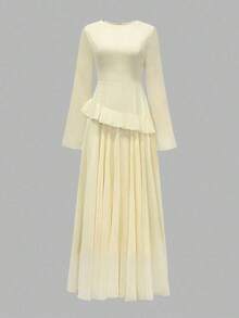 [Spring/Summer Style] Best-Selling New Arrivals -Women's Elegant Ruffle Trim Tie-Waist Flare Sleeve Dress, Spring/Summer - Vàng nhạt - Xem 9