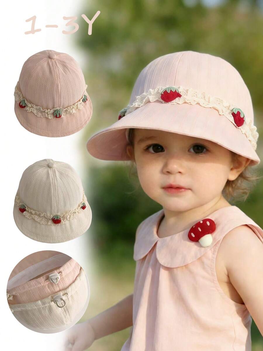1pc Baby Girls Lace Strawberry Soft Brim Cap, Adjustable Large Brim Breathable Sun Hat For Outdoor - Children's Lace Strawberry Baseball Cap - View 1