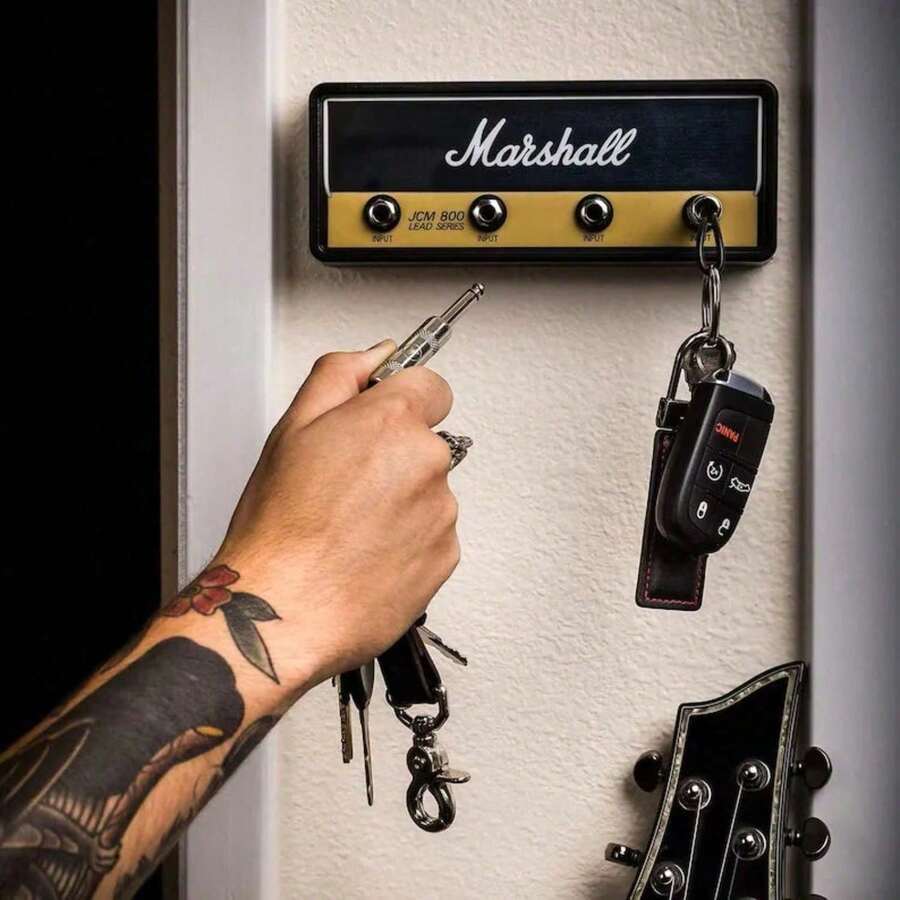 1 Set Wall Mounted Guitar Key Hanger Kit, Including 4 Guitar Plug Shape Keychains With 1 Wall Mount Rack, Unique Guitarist Gift For Music Lovers, Home Entryway Hallway Office Wall Key Organizer Holder - Black Keychain Base+Four Plugs - View 1