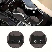 1 Set Of 2 Starry Sky Chrysanthemum Cat Car Cup Holder Pads, Universal Compatible, Made Of Natural Rubber Bottom Anti Slip Polyester Back, Washable Weight Of 15 Grams, 2.8-Inch Absorbent Knitted Fabric, Cute Cartoon Storage Pad, Used For Vehicle Interior - Starry Sky Chrysanthemum Cat 2-piece Set - View 8