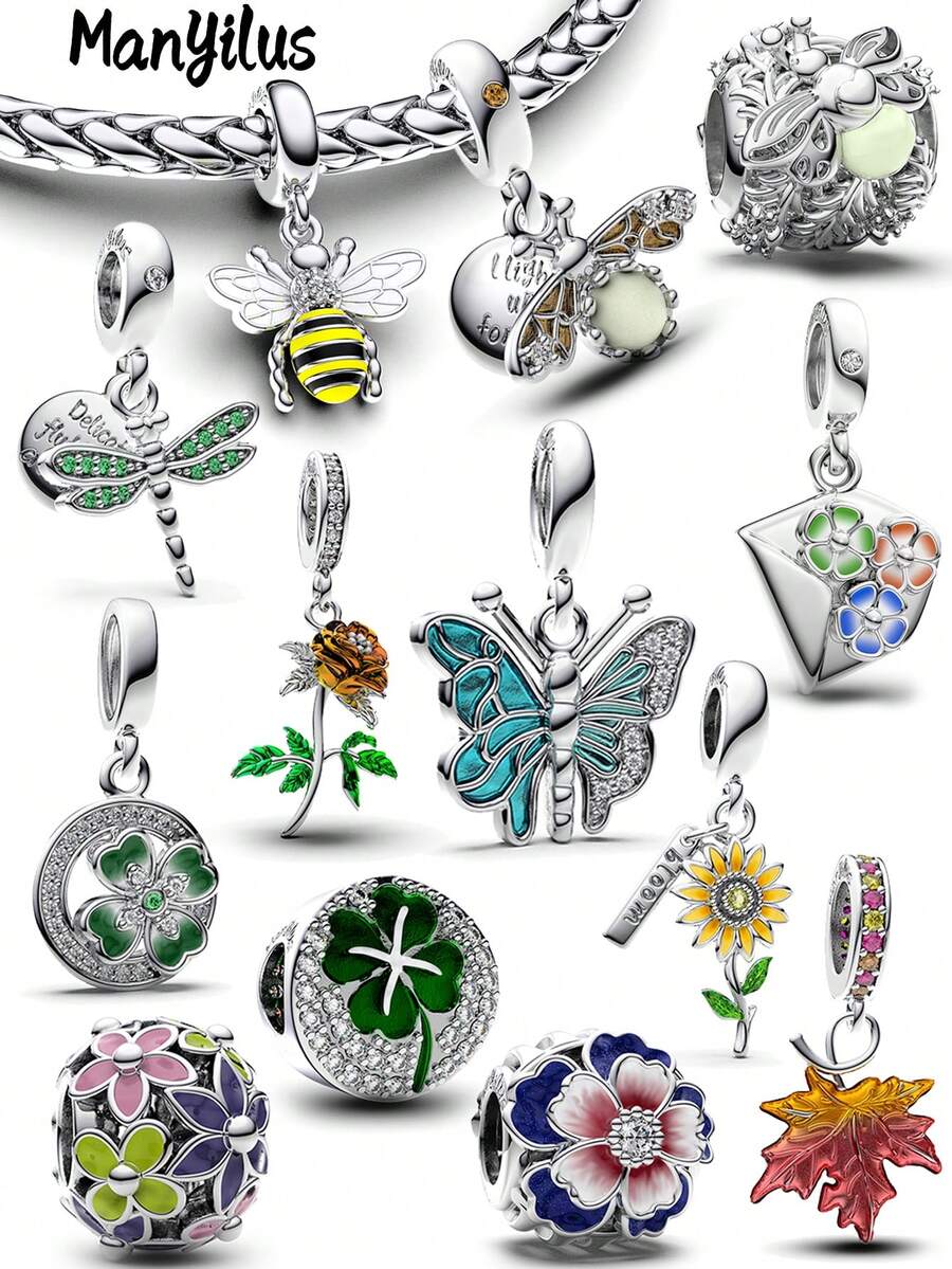 Manyilus 925纯银花朵蝴蝶蜜蜂吊坠套装，自然灵感三叶草珐琅镶嵌立方氧化锆串珠，适配原装手链项链，DIY珠宝礼物（女士） - 彩色 - 查看 1