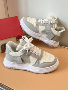 1 Pair All-Season Kids Grey & White Colorblock Skate Shoes, Boys & Girls Soft Sole Non-Slip Imitation Leather Upper White Sneakers, Versatile Casual Sports Shoes For School - Grey - View 5