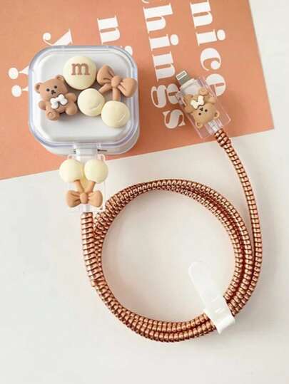 5 piezas Funda protectora de TPU con oso marrón 3D y flor de cerezo, compatible con el cargador Apple 20W con enchufe del Reino Unido, linda funda protectora con oso marrón, regalo para amigos, pequeño regalo adorable