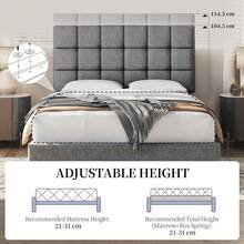 4ft6 Double Upholstered Platform Bed - Adjustable Square Tufted Headboard, Linen Fabric With Sturdy Wooden Slat Support, Beige (No Box Spring Needed) - Light Grey - View 8