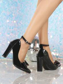 Women's Black High Heel Sandals, Thick Heel Block Heel Slip-On Pumps With Bow Decor, Mary Jane High Heels For Party - Black - View 4